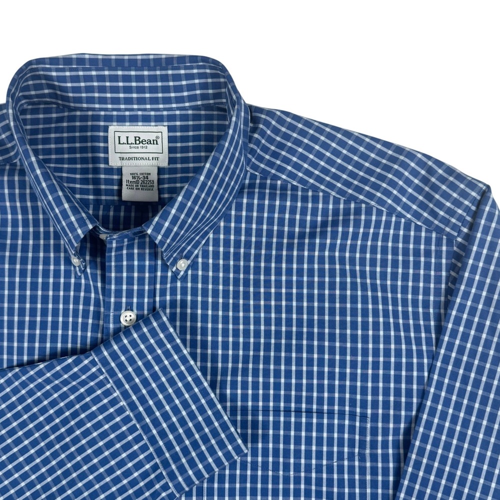 LL Bean Mens Blue Gingham Traditional Fit Cotton Button Down Shirt 16.5-34